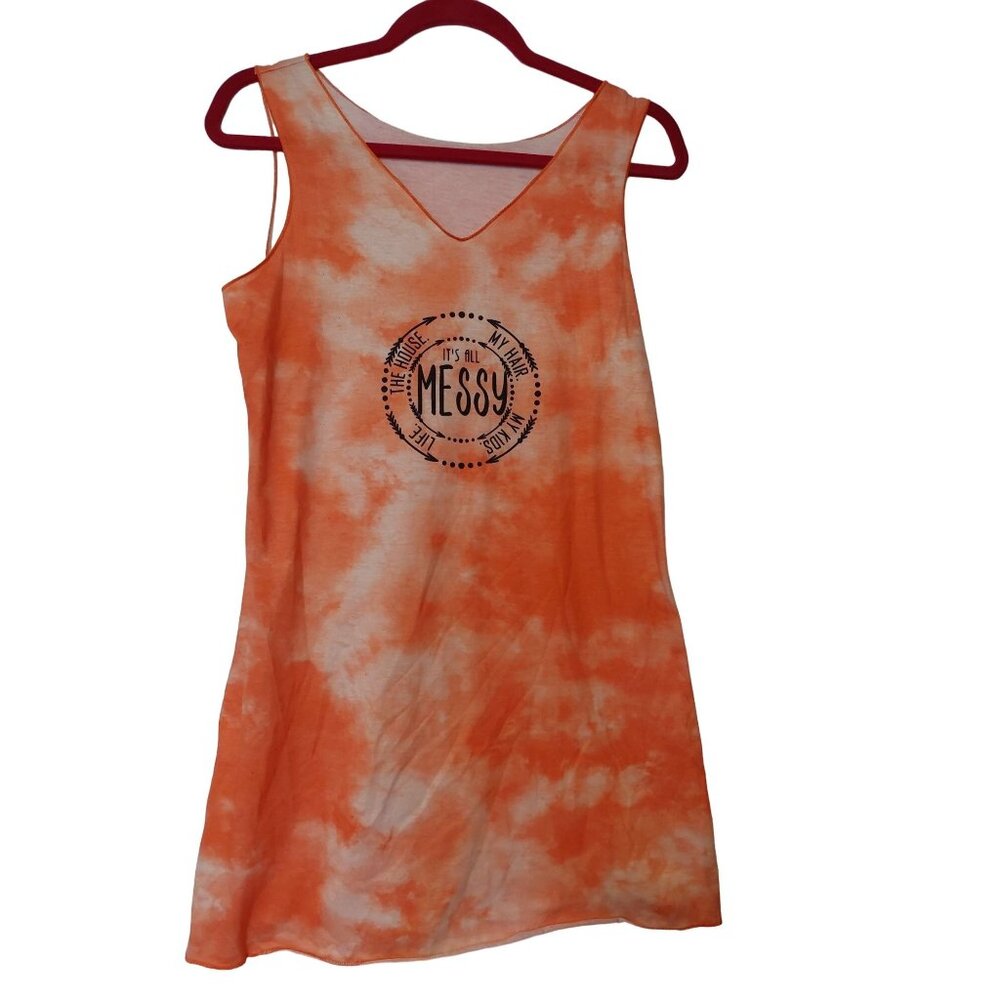 Orange Tie-Dye Sleeveless V-Neck Tank t"Its All Messy" Print Medium Size 95% Pol